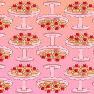 A pink background with many cakes on it