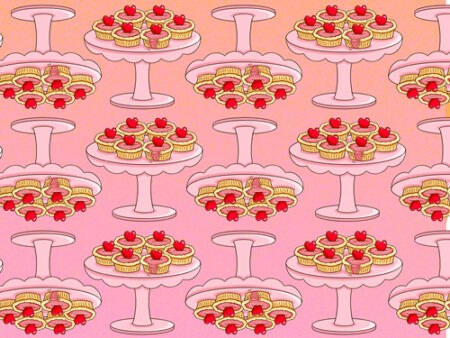 A pink background with many cakes on it