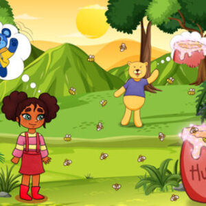 A girl and her teddy bear in the woods