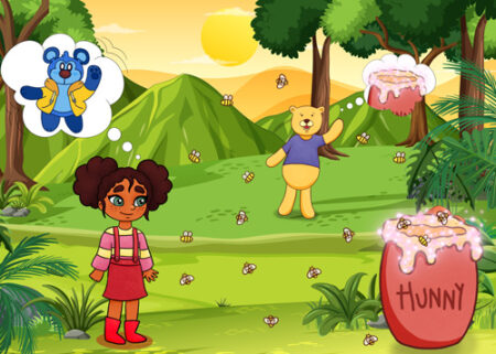 A girl and her teddy bear in the woods
