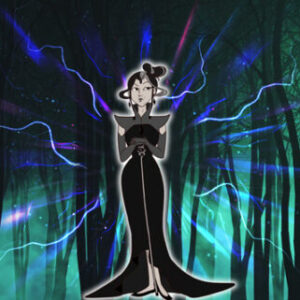 A cartoon of a woman in black dress