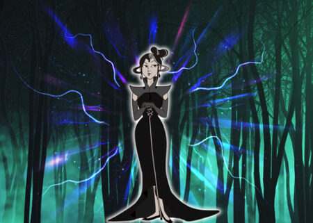 A cartoon of a woman in black dress