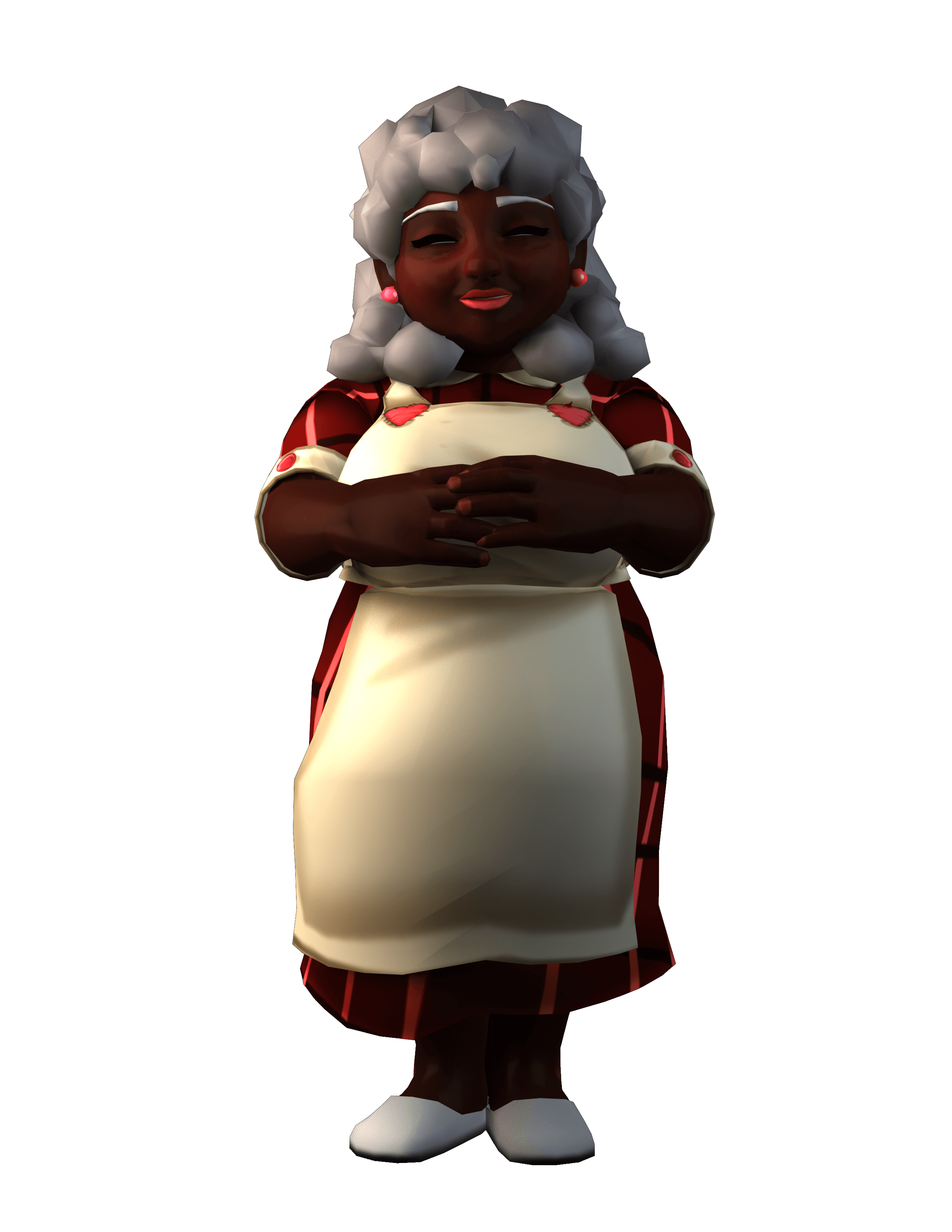 Elderly woman in apron, standing and smiling.