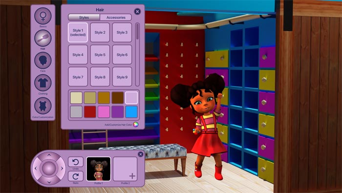 A girl standing in front of a wall with many colors.