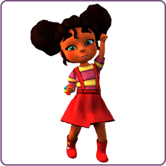 Animated girl with pigtails, wearing red outfit.