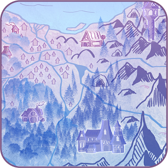 Fantasy map with mountains and buildings.