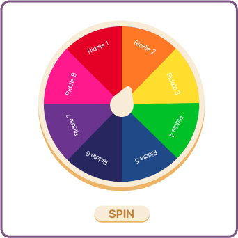 Colorful wheel with labeled riddle sections.
