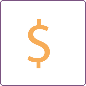 Dollar sign icon with purple border.