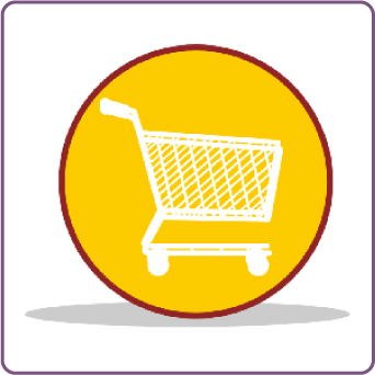Shopping cart icon on yellow circle.