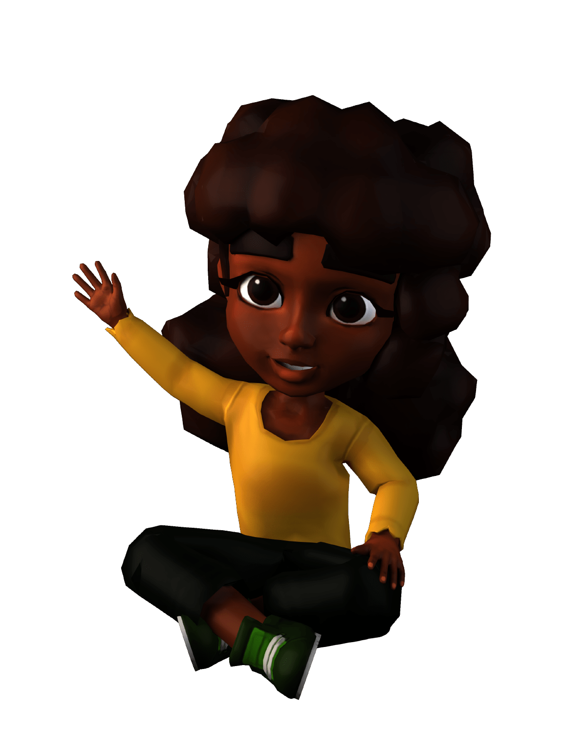 Animated character waving, sitting cross-legged.