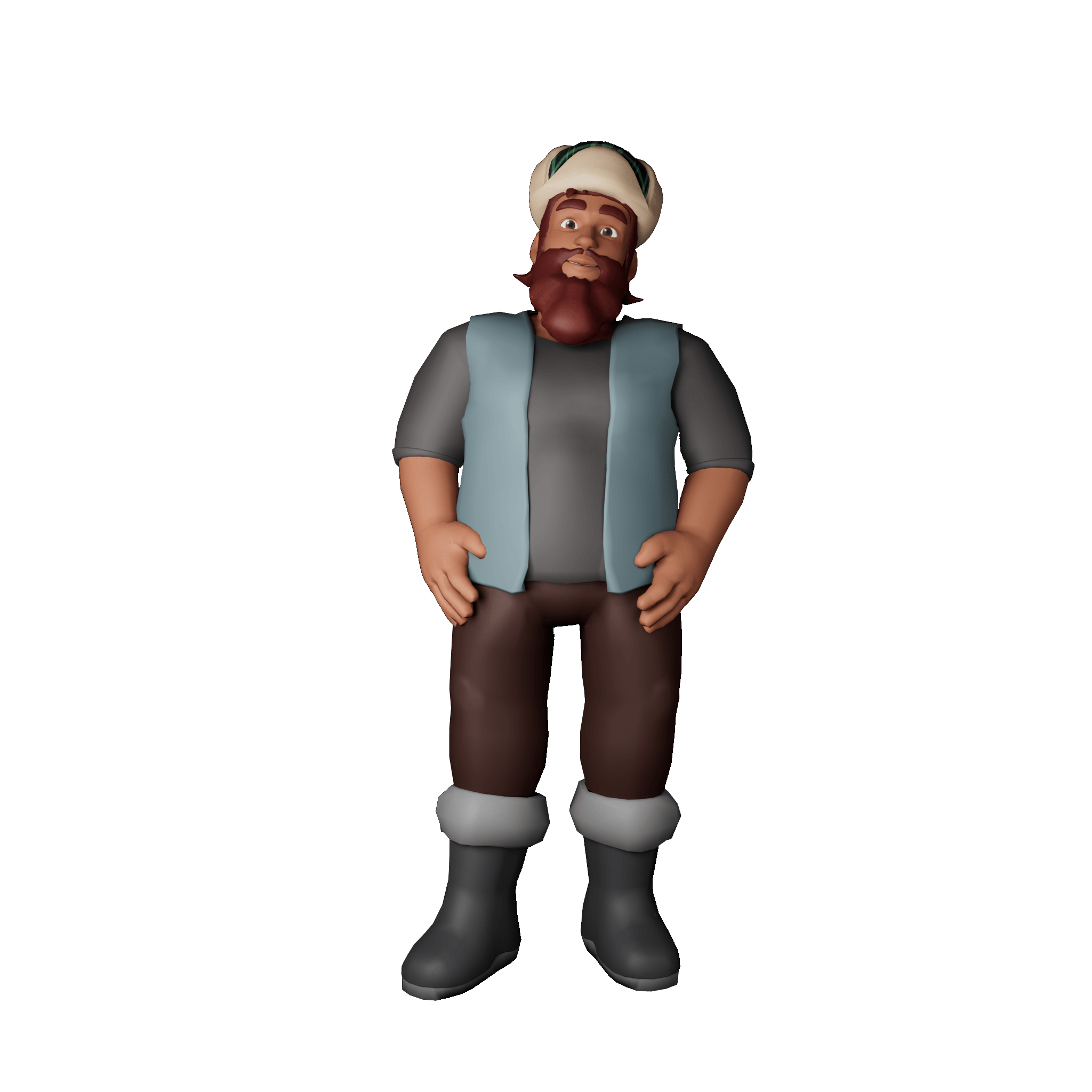 Animated character wearing a hat and vest.