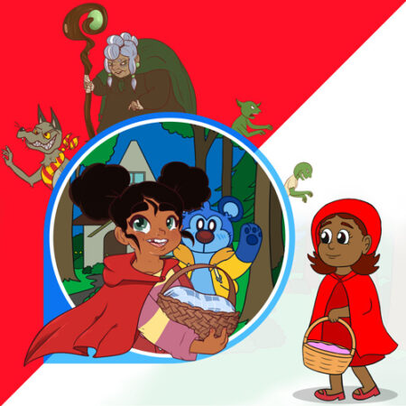 A cartoon of a girl with a red cape and hat.