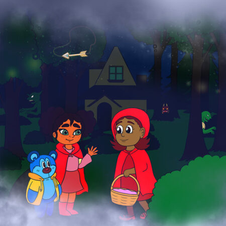 A group of children in the woods with a blue bear.