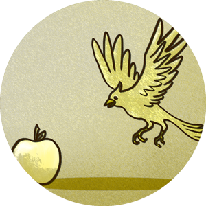 A bird flying over an apple on the ground.