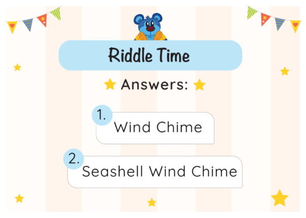 A riddle time game with an animal and the words wind chime, seashell and chimes.