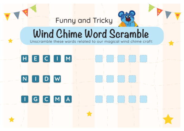 A game board with words and letters for the word scramble.