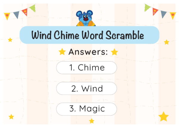A wind chime word scramble game with four words.
