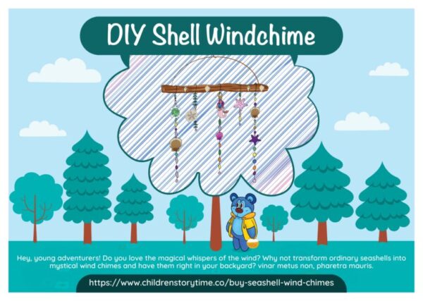 A poster of a tree with a wind chime hanging from it.