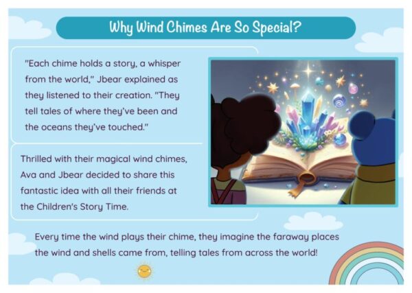 A picture of the story book, wind chimes.