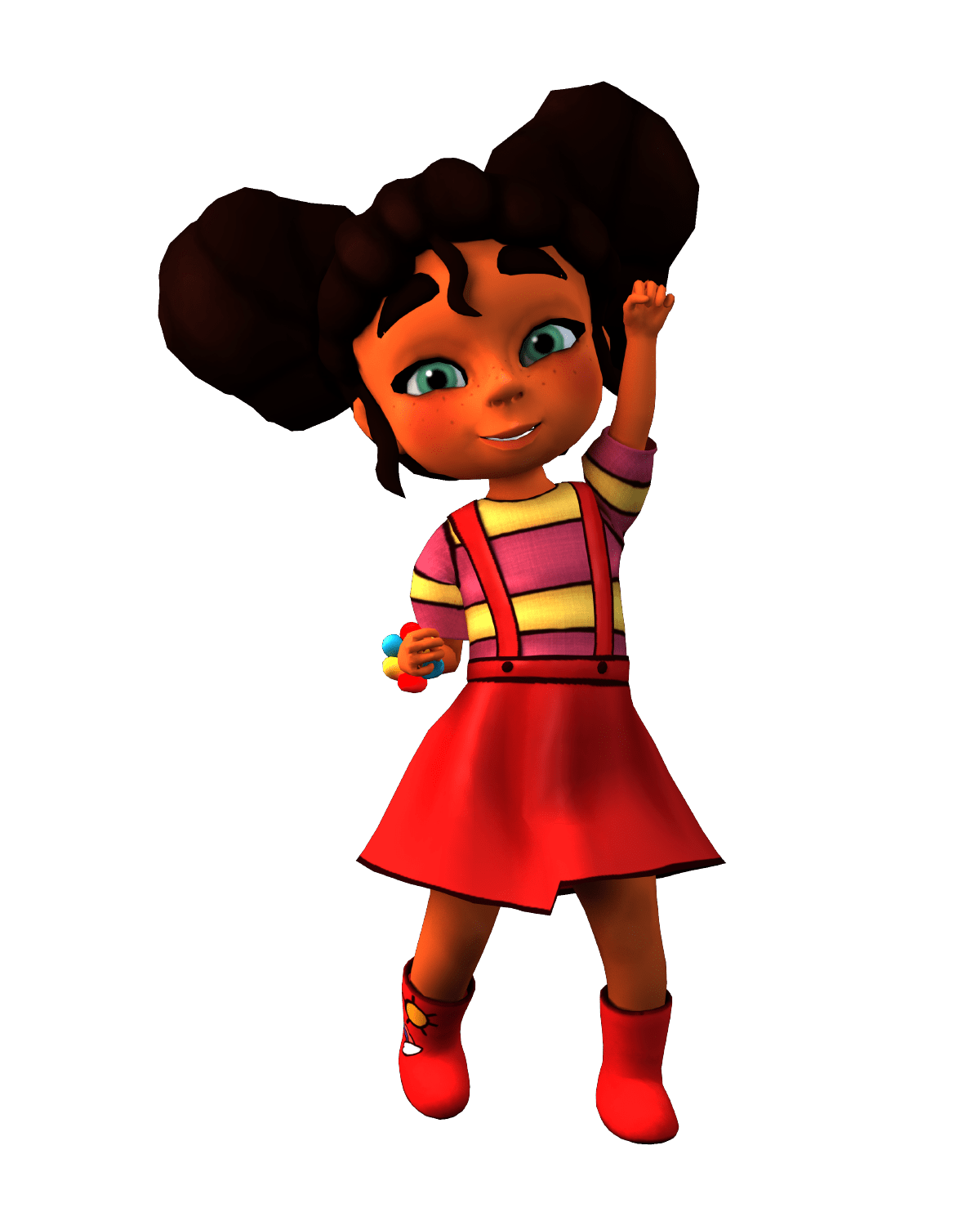 Animated girl in colorful outfit smiling.