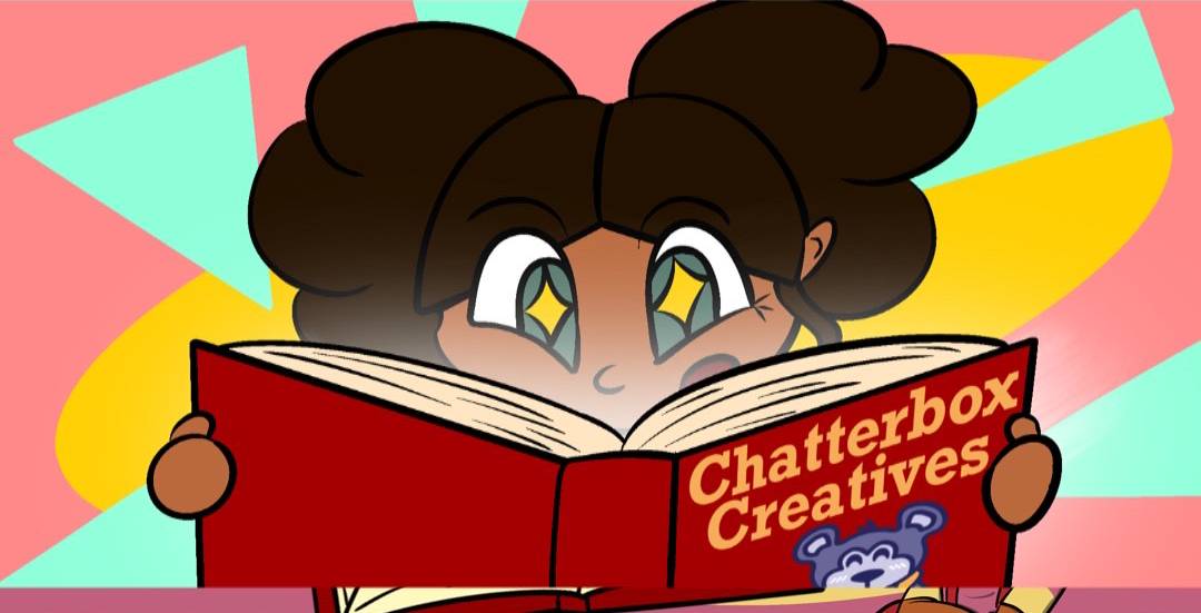 banner2 Cartoon character reading "Chatterbox Creatives" book.