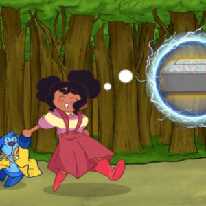 A cartoon of a girl running in the woods.