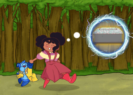 A cartoon of a girl running in the woods.
