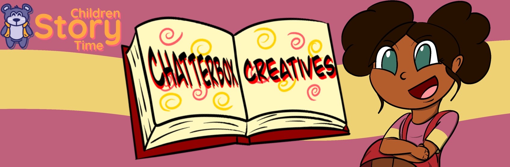 chatterboxcreatives Cartoon girl with open storybook illustration.