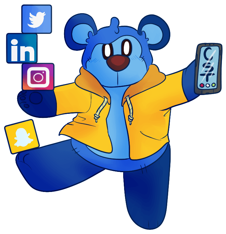 Cartoon bear with social media icons.