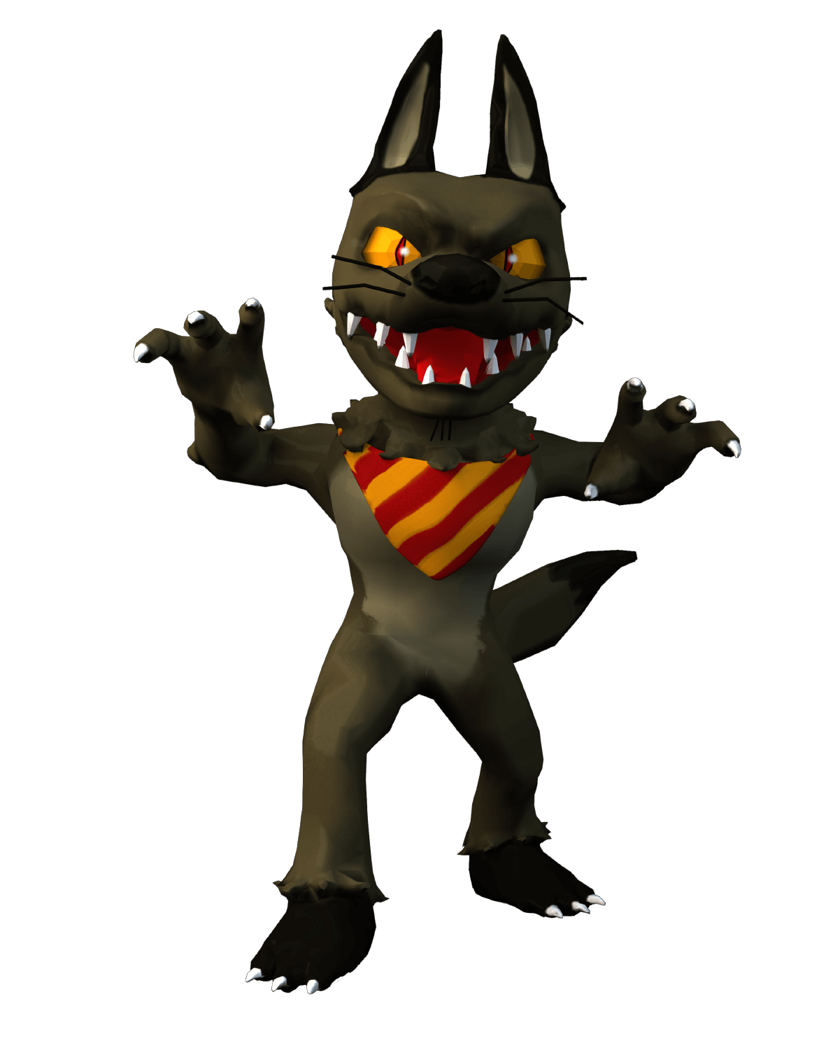 Cartoon wolf with striped chest, black background.