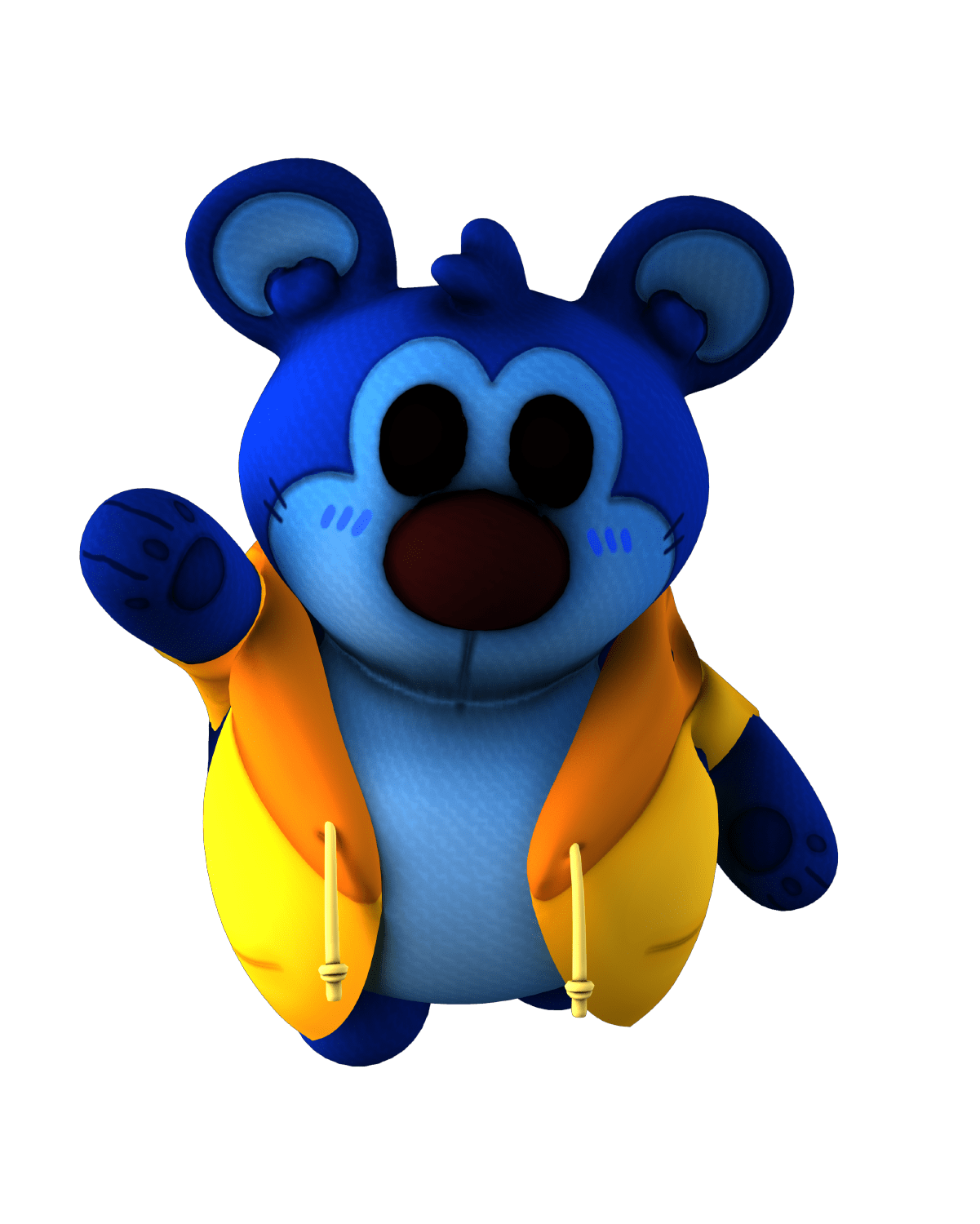 Blue cartoon bear in yellow jacket waving.