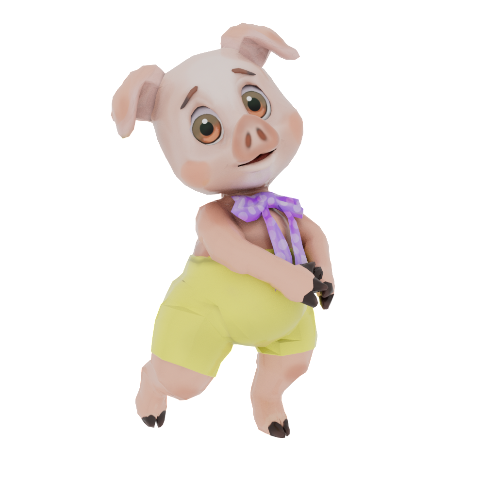 Cartoon pig wearing yellow shorts and scarf.