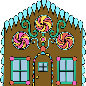 A gingerbread house with candy decorations on the front.