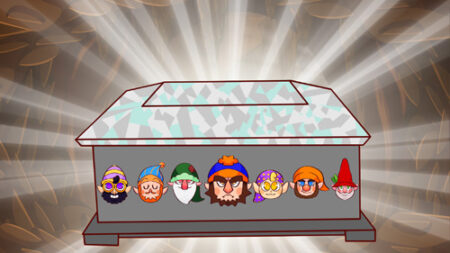 A group of cartoon characters lined up in front of a box.
