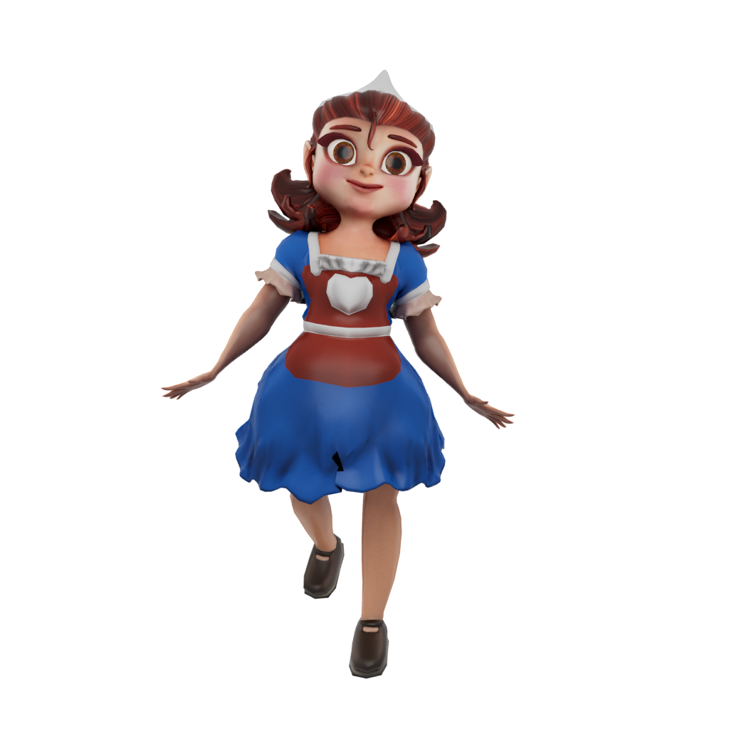 Cartoon girl in blue dress smiling.