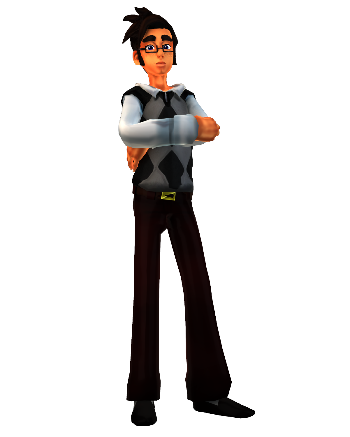 Animated character with crossed arms, glasses, and sweater.
