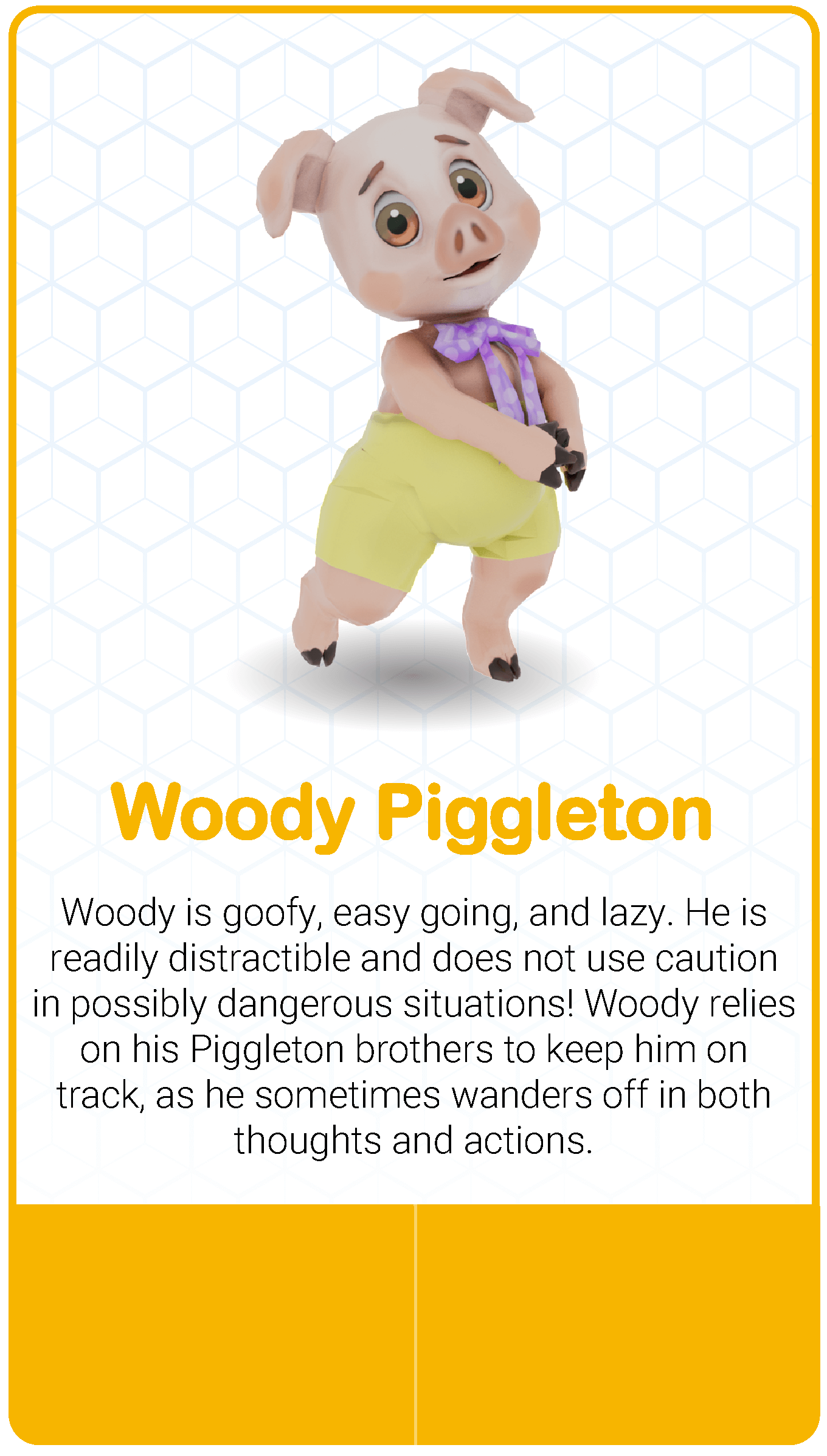 Cartoon pig in yellow shorts, hexagon background.
