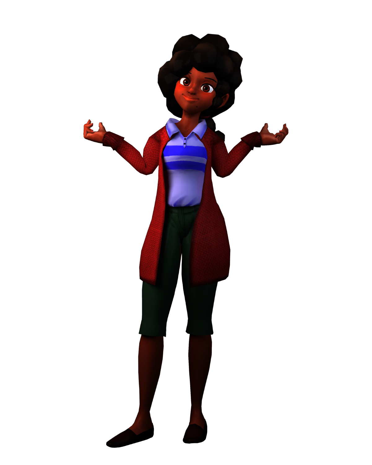 Animated character with curly hair and casual outfit.