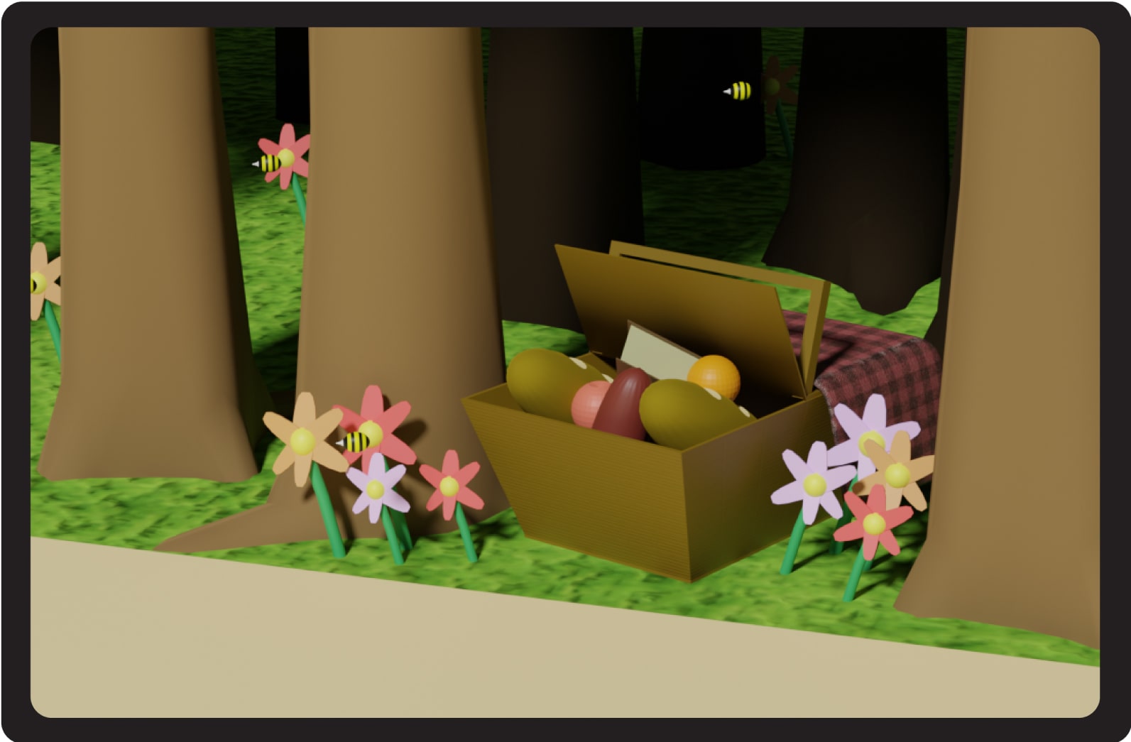 Box of fruit in forest with flowers.