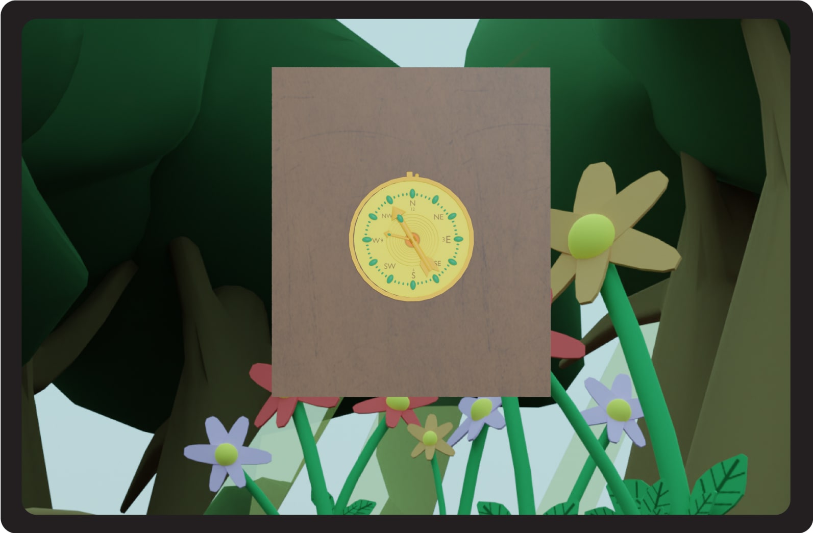 Compass on brown paper, surrounded by flowers.