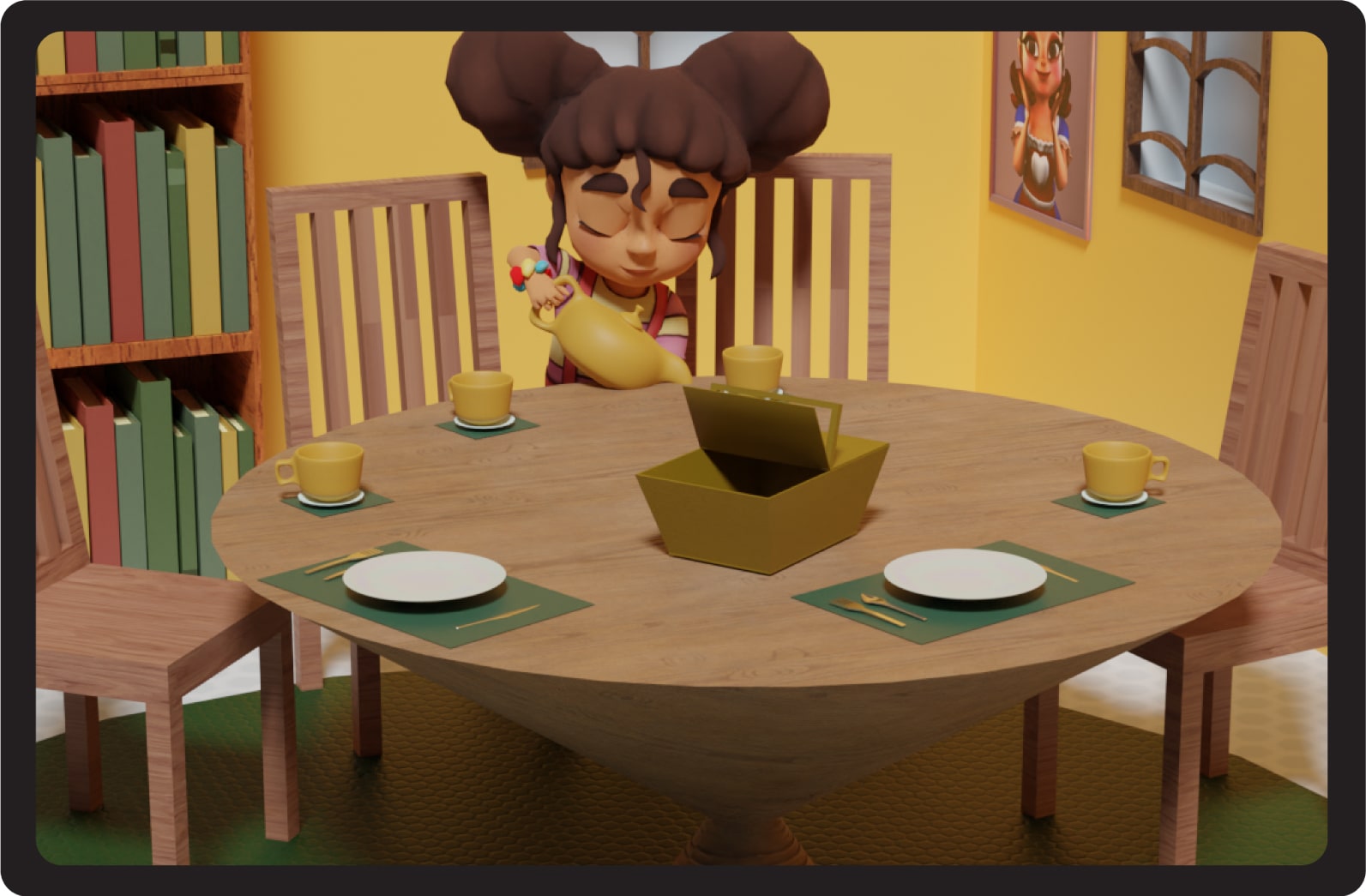Cartoon character setting a dining table.