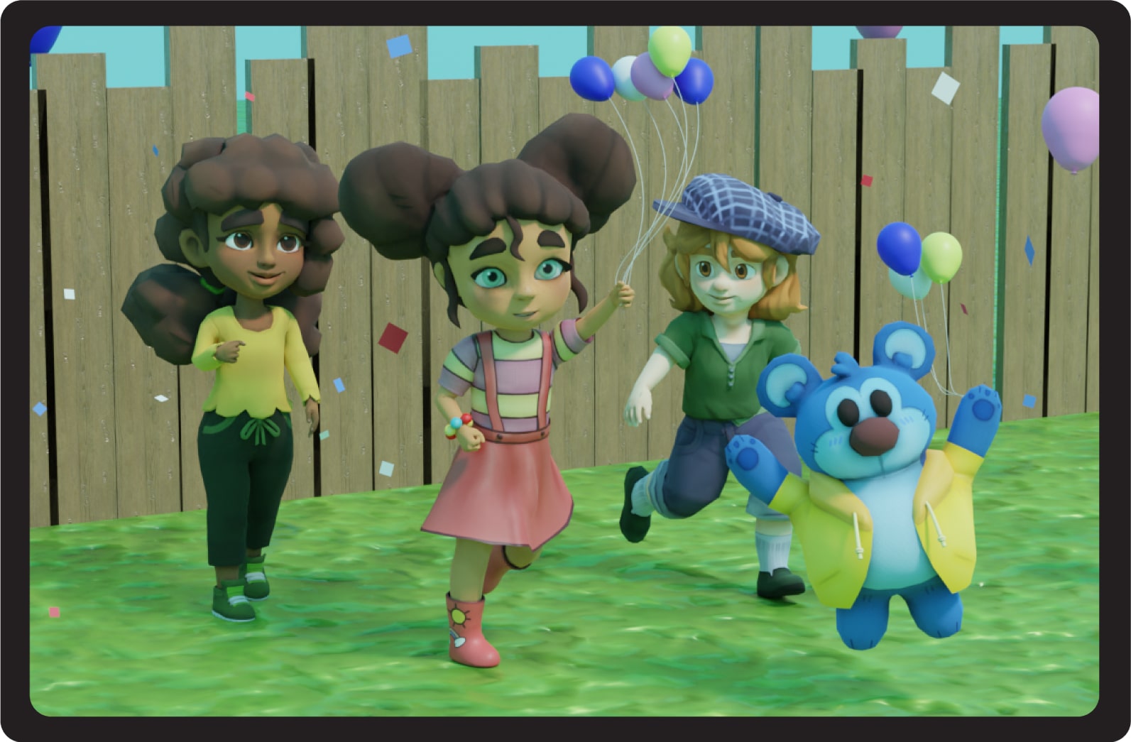 Children and bear playing with balloons outside.