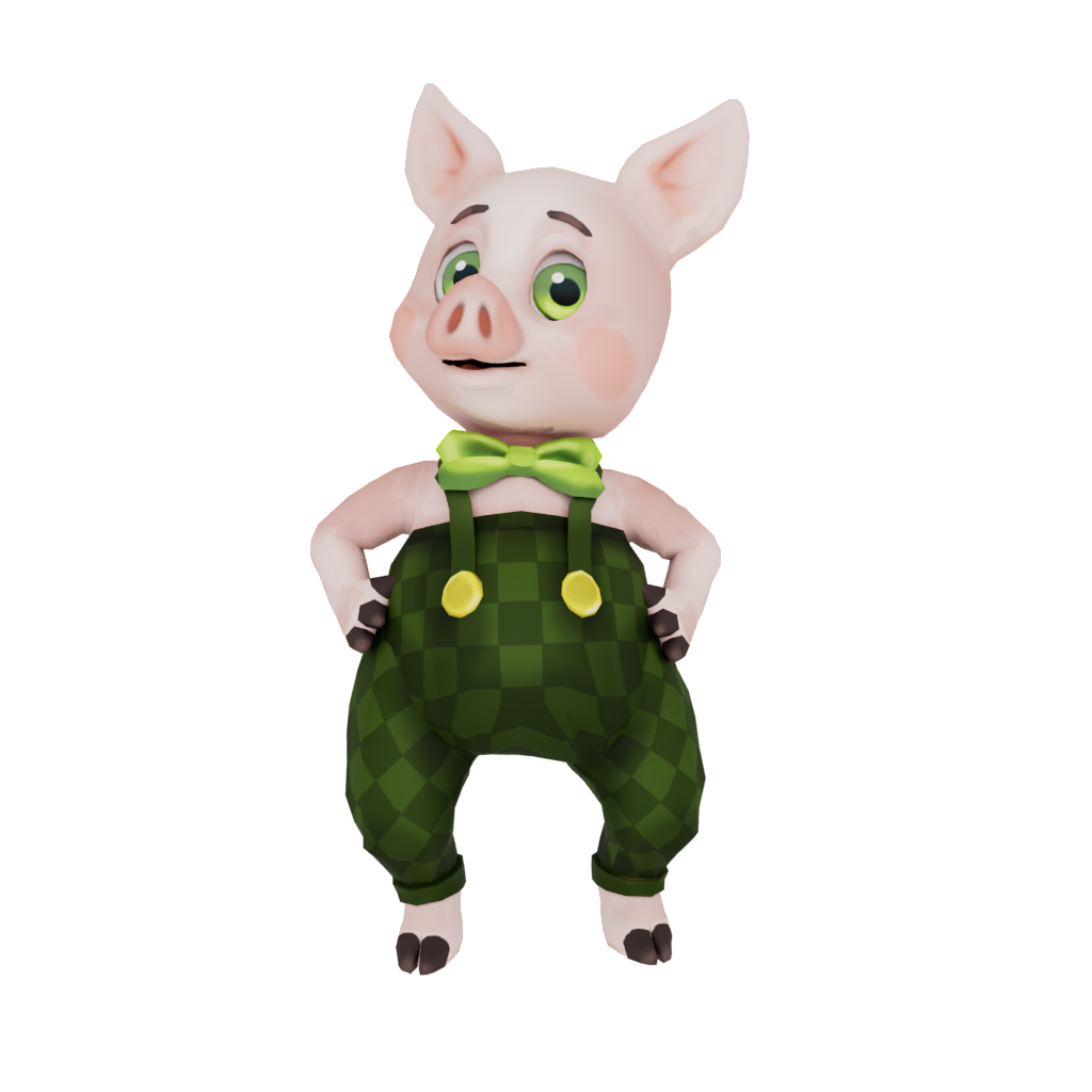 Cartoon pig in green checkered overalls.