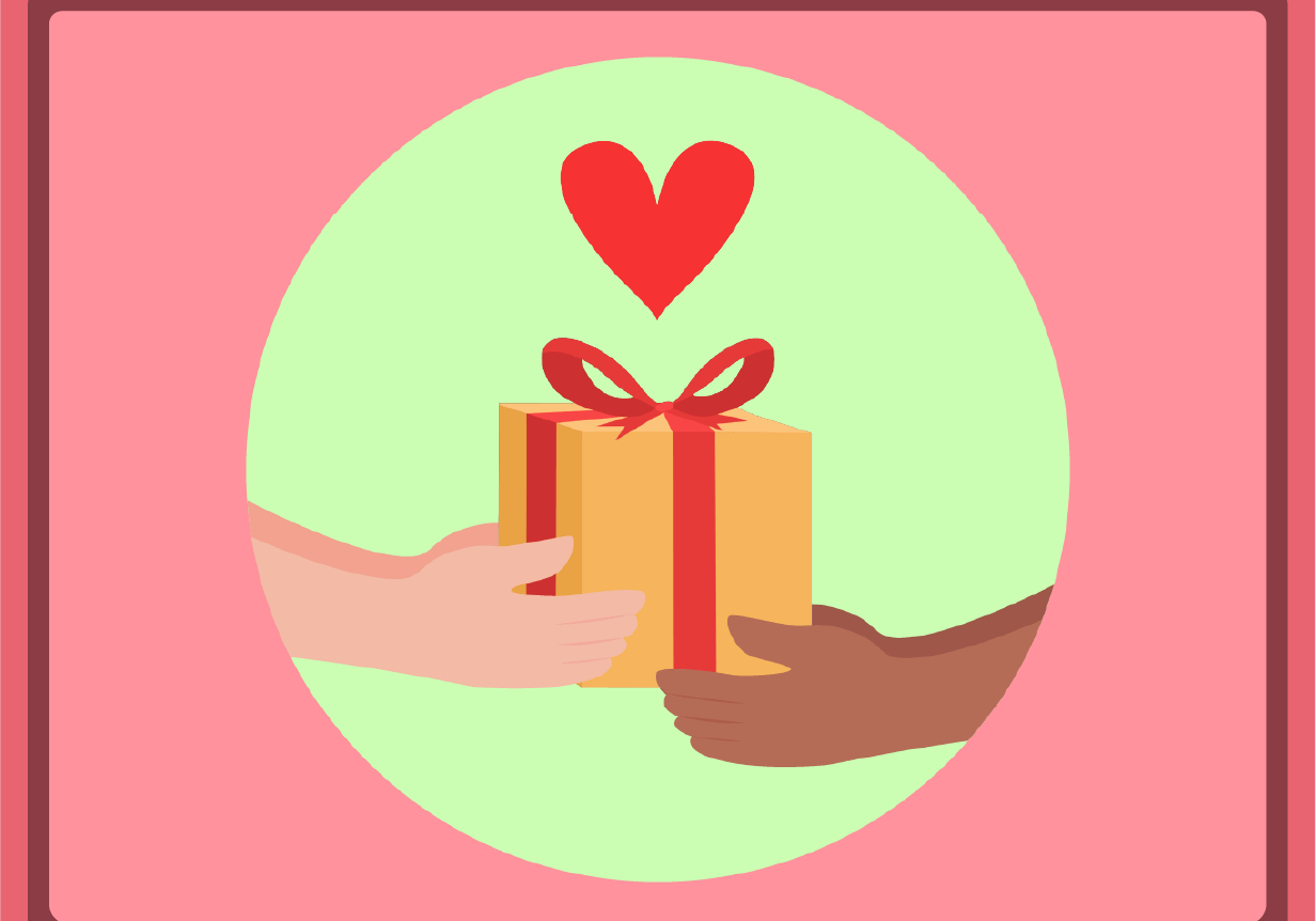 Hands exchanging gift with heart above.