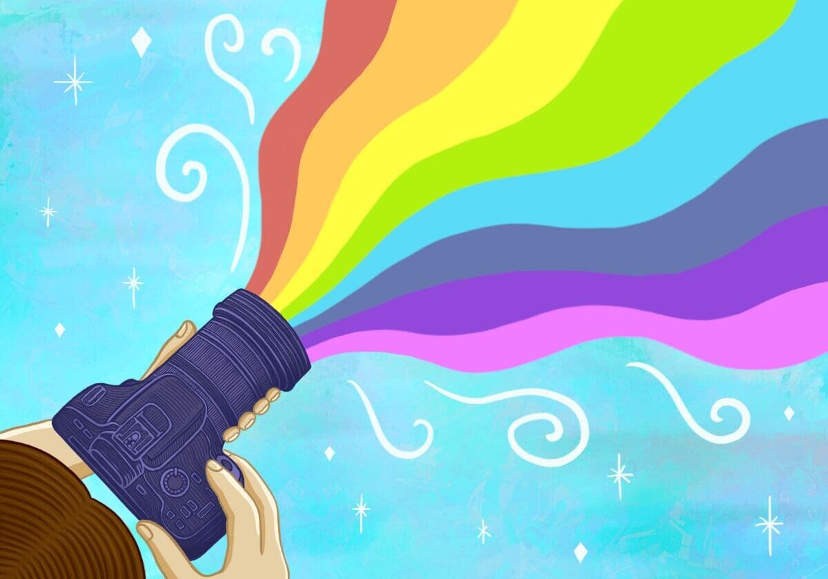 Camera releasing colorful rainbow light beams.