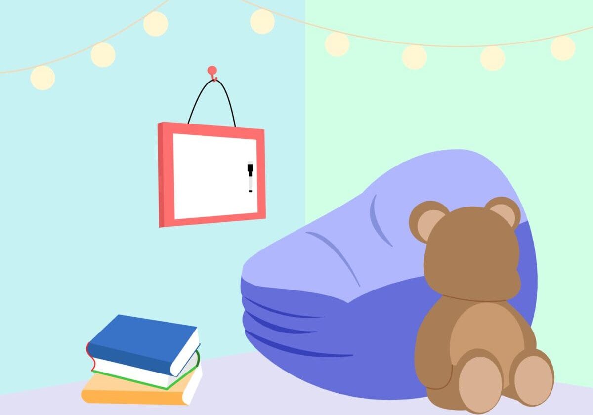 Cozy corner with beanbag and teddy bear.