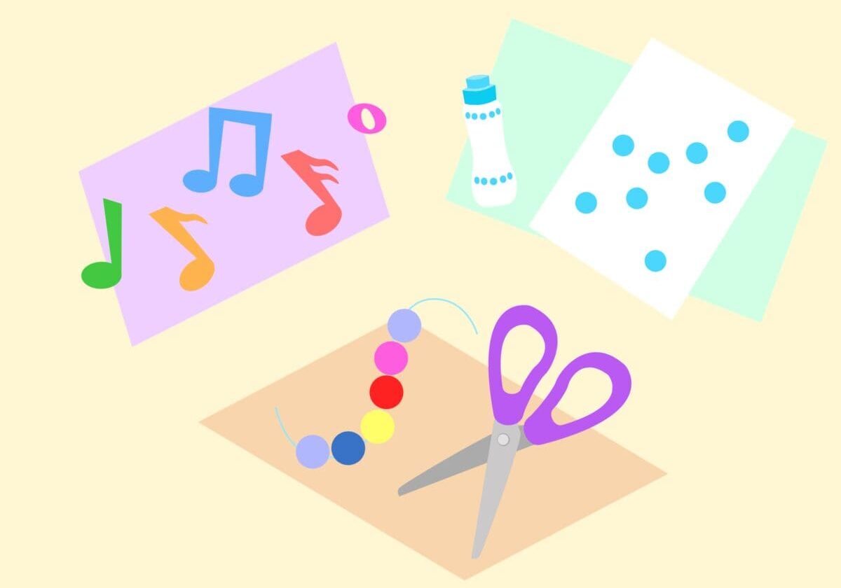 Craft supplies with scissors and beads.