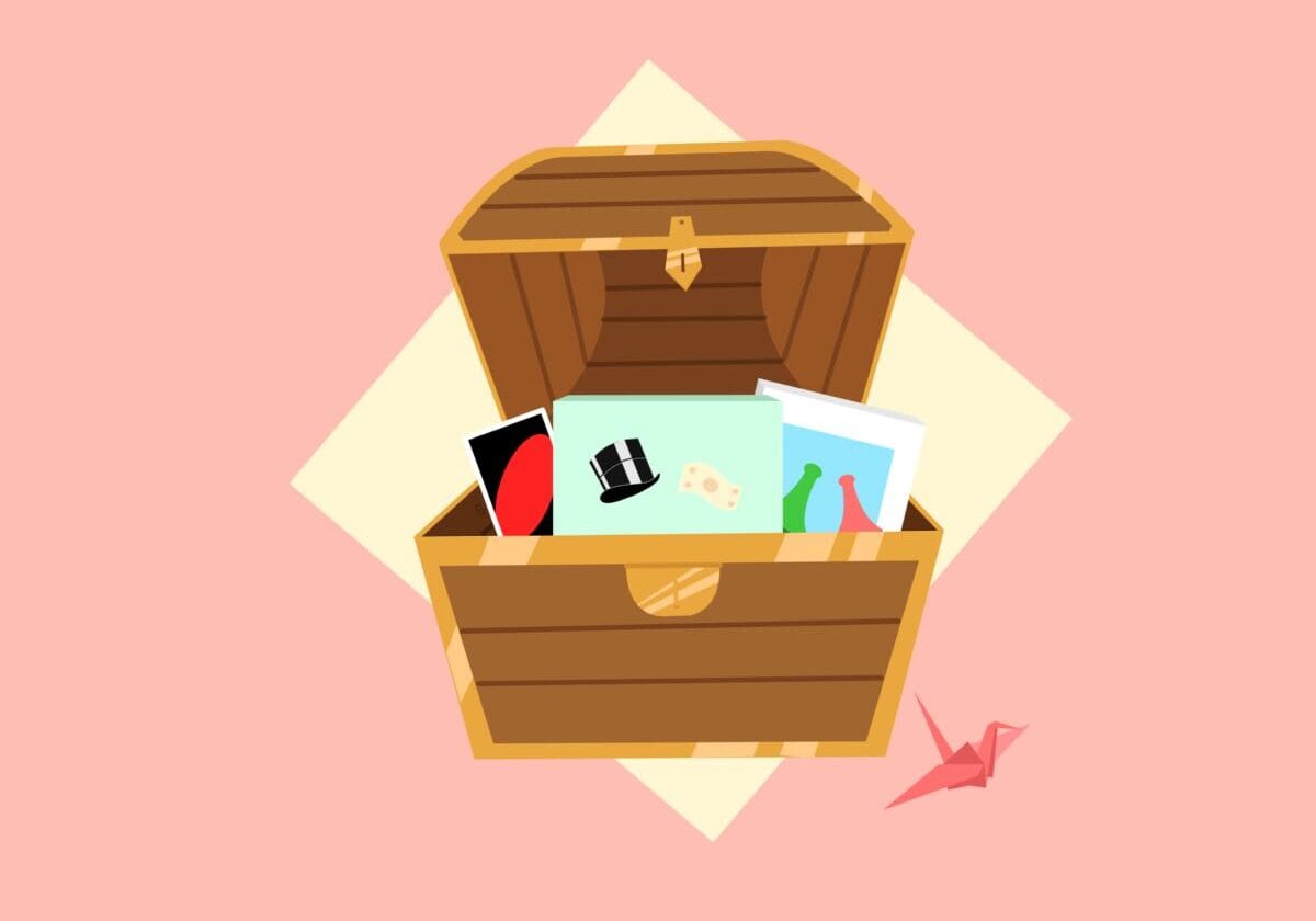 Open treasure chest with various items inside.