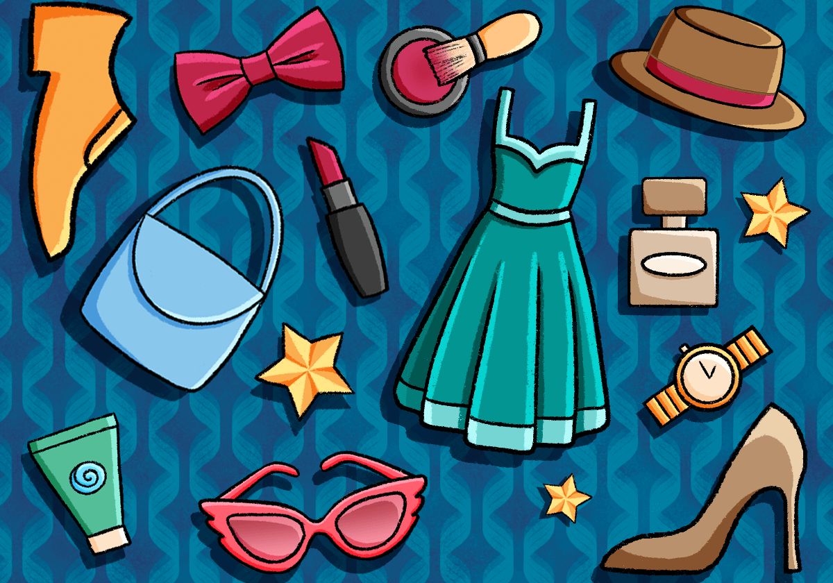 Fashion accessories on patterned blue background.