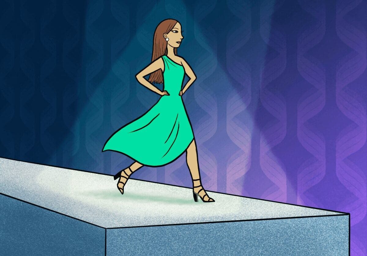 Woman in green dress on runway.